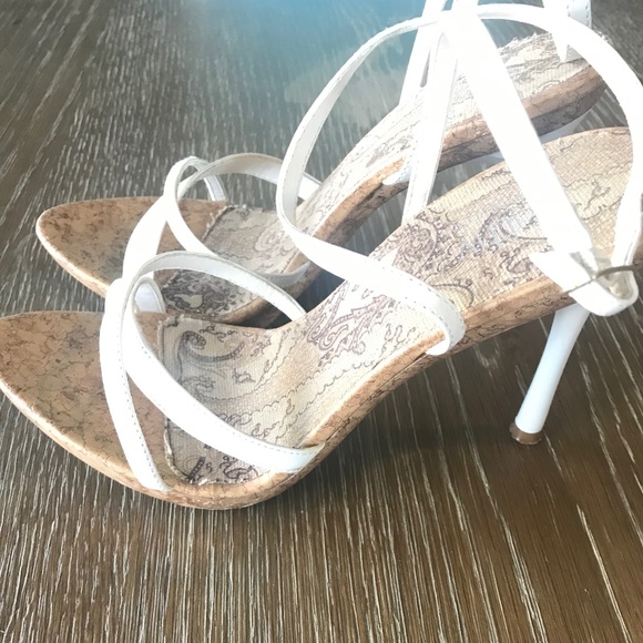 Cathy by Cathy Jean Strappy White & Cork Leather Heels Sz 7 - Picture 3 of 9